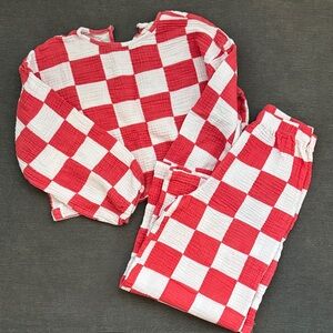 Kids Red & White Check Matching Set - Lightweight Top & Pants